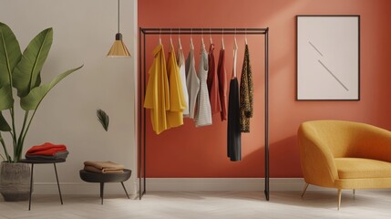 Minimalist dressing area with a stylish clothes rack showcasing bold, vibrant outfits. Chic decor and trendy accents make this space perfect for fashion displays.