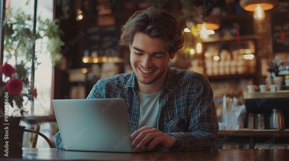 Sticker Young Man Working on Laptop in Cozy Cafe