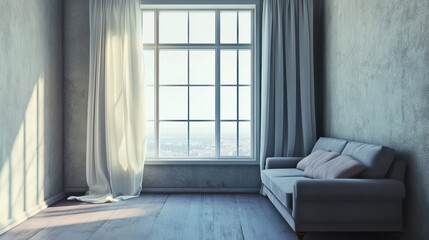 Small room featuring a sofa wardrobe and a window that offers a view No one is present inside. with copy space image. Place for adding text or design