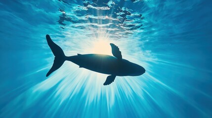 Silhouette of a Whale Underwater with Sunlight Rays