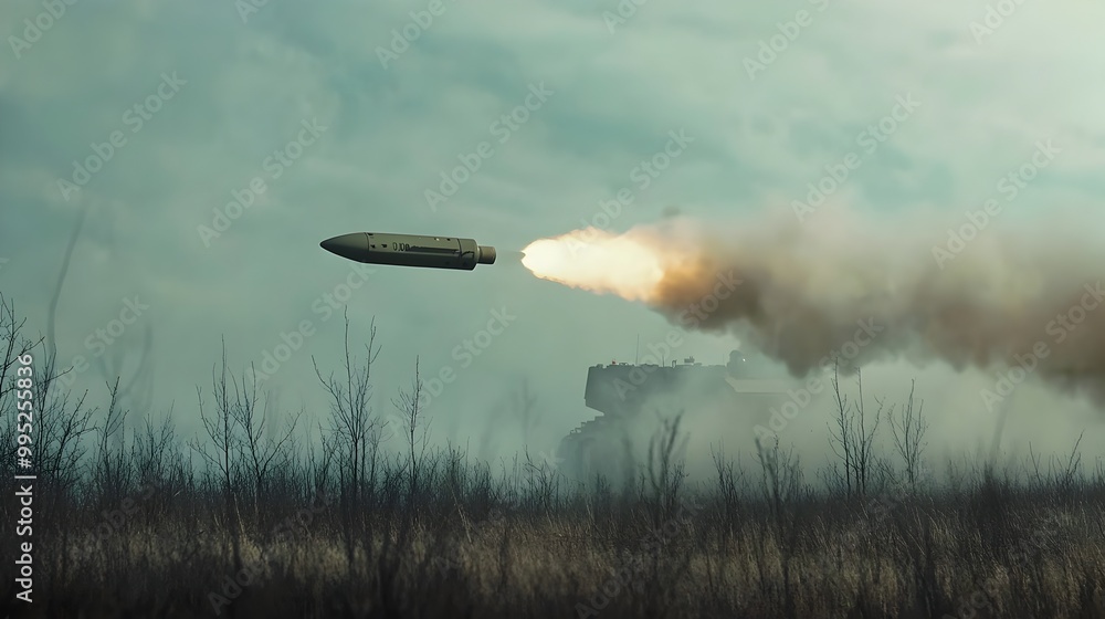 Wall mural Tank firing an anti drone missile to intercept and neutralize an unidentified aerial vehicle during a military combat The explosive launch and smoke trail captures the dynamic action of this