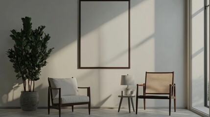 Minimalist modern room with empty wall poster, cozy decor, and elegant furniture. Ideal for mock-up display.