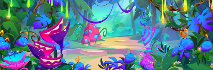 Magic forest with fantasy glowing fireflies and plants - flowers, mushrooms and berries. Cartoon vector alien dreamland scenery with mysterious garden creatures for adventure game ui level design.