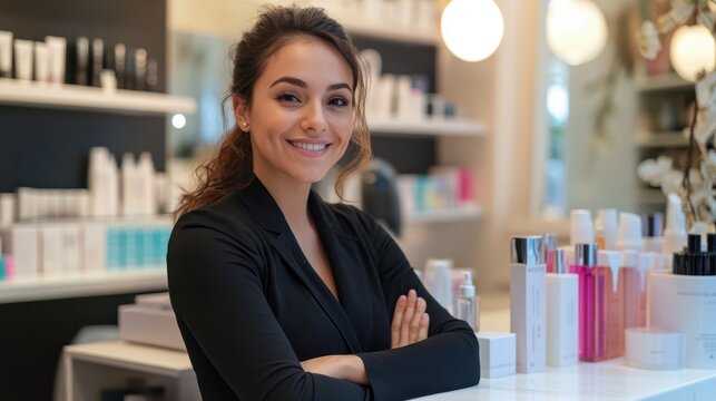 smiling hispanic diverse female receptionist at beauty salon or sales person at cosmetics store at reception desk