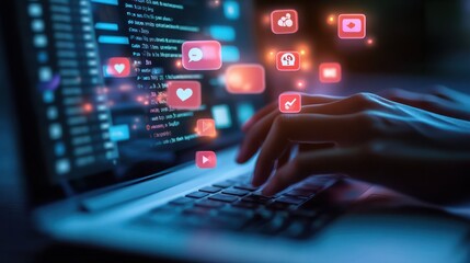 Social media engagement Digital marketing concept Working on computer for creating social media platforms to build relationships and drive sales Engaging activities responding to comme : Generative AI