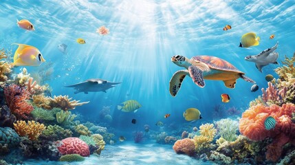 Naklejka premium Vibrant Underwater Scene with Sea Turtles and Coral Reefs