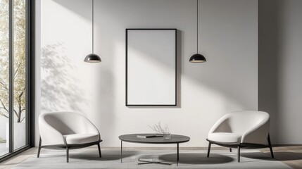 Modern interior with blank poster on white wall, minimalist furniture, and soft natural lighting. 3D render mock-up.