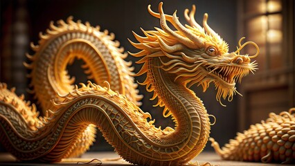 Fototapeta premium An intricately designed golden dragon sculpture with majestic features made with noodles, showcasing Asian artistry and cultural significance, set against a warm, inviting background.