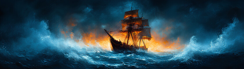 Obraz premium Pirate ghost ship, trapped in an eternal storm, cursed crew, Watercolor style