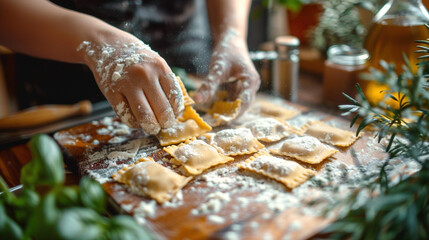 Man human chef making homemade ravioli or tortellini from fresh ingredient. Cooking healthy Italian cuisine food gourmet preparation meal