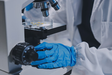 Scientist using microscope in laboratory. Close-up of a researcher's hands adjusting a modern...