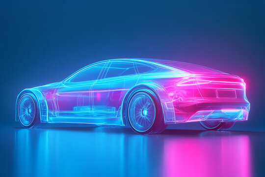 hyper realistic Futuristic AR conceptual car digital wireframe car concept with blue background generated by AI
