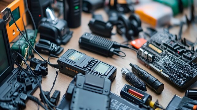 Walkie talkie device set to a specific radio frequency to enable coordinated communication between connected devices on the same channel  Facilitates exchange of messages