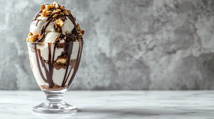Closeup of a chocolate sundae with almonds and whipped cream in a glass.