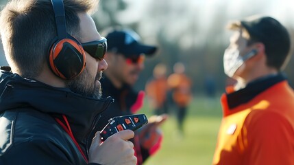 Walkie talkie used by coaches and officials to coordinate and communicate during a sporting event with the device enabling real time coordination guidance and supervision on the field of play