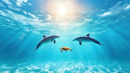 Dolphins and Turtle in Sunlit Ocean Water