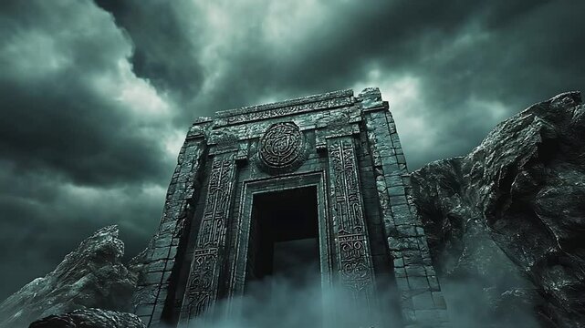 Ancient Stone Gateway under a Stormy Sky