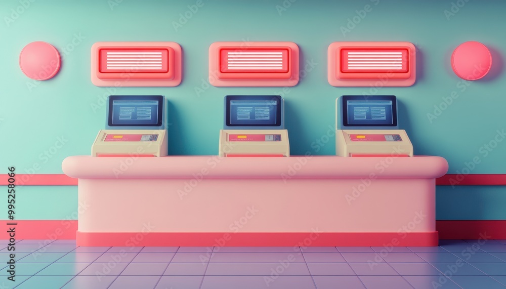 Poster a vibrant, retro-styled space featuring three console-like devices on a colorful counter against a p