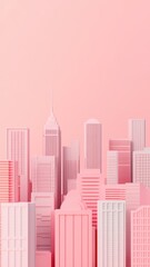 Obraz premium A whimsical pink skyline illustration featuring skyscrapers and buildings, creating a dreamy urban landscape.