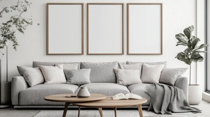 Poster frame mockup in a cozy living room with a gray sofa, wooden coffee table, and minimalist decor. Soft lighting and neutral tones.