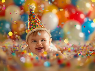 Smiling Baby in Party Hat with Confetti