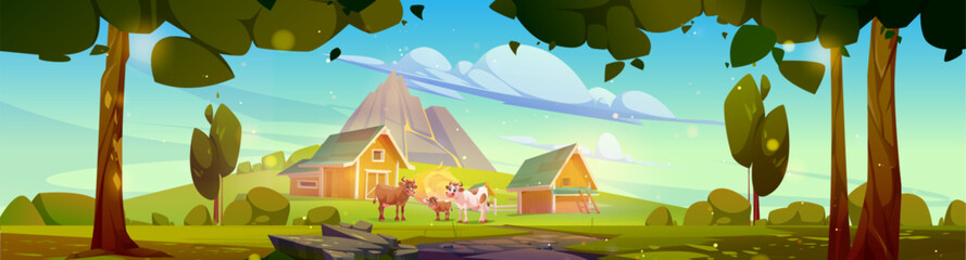 Cows and herd eating on pasture near farm with red barn building and haystack, rocky mountain on background, green lawn on hills and blue sunny sky. Carton vector village landscape with cattle animals