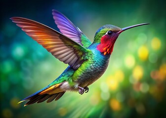 Fototapeta premium In a breathtaking display, a vividly colored hummingbird glides through the air, its intricate wing details shimmering,