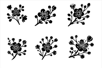 Cherry blossom on branch Silhouette Bundle isolated. Cherry blossom Silhouette set.