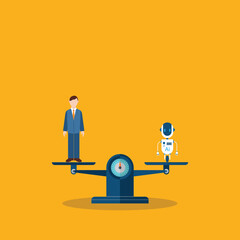Balance scales man vs Ai bot. Competition concept artificial intelligence digital technology. Ai robot standing on the scale and equal to businessman.	