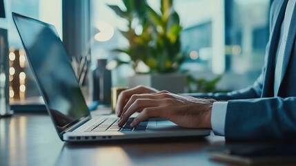 Professional Hands Typing on Laptop in Modern Office