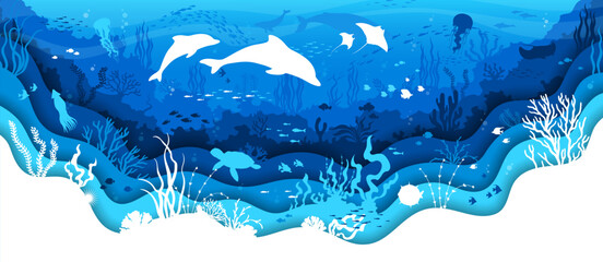 Paper cut underwater landscape with dolphins, seaweeds and animal silhouettes, vector background. Sea or ocean life of undersea with papercut turtle, jellyfish and whales or stingray in water waves