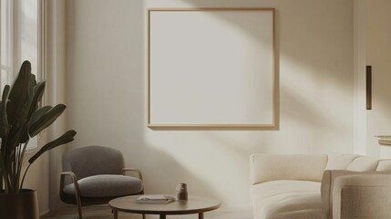 Stylish living room with blank poster frame on wall, modern furniture, and neutral decor. Perfect for showcasing artwork.