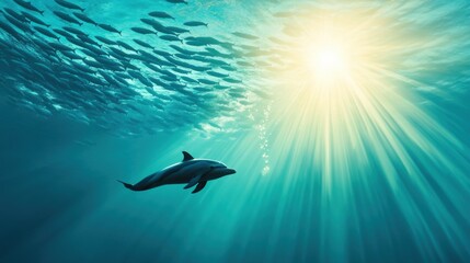 Obraz premium Dolphin Swimming Underwater with School of Fish
