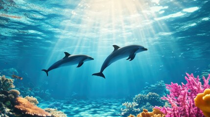 Fototapeta premium Graceful Dolphins Swimming in Coral Reef Paradise