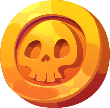 Cartoon pirate golden coin with skull engraving. Isolated vector ancient doubloon, shiny yellow ducat. Fantasy treasure, fairy tale item, game asset, small, round piece of metal, made from gold