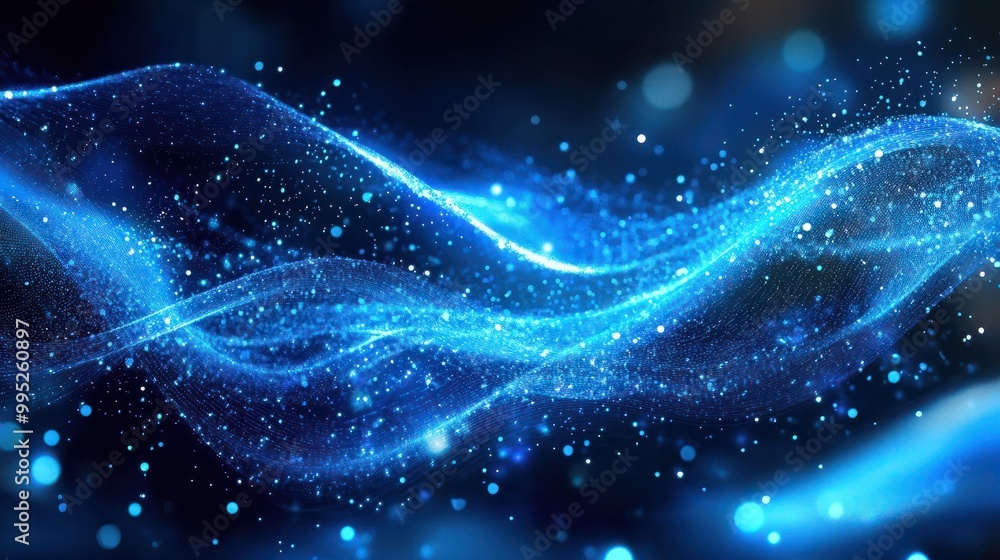 Poster wave particle technology background, blue curve business technology sense big data background materi