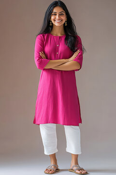 young indian woman wearing pink kurti