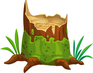 Tree stump with green moss and surrounding plants, natural and wild game asset captures a prehistoric jungle atmosphere for fantasy or dinosaur-themed environments, adventure and nature exploration © Vector Tradition