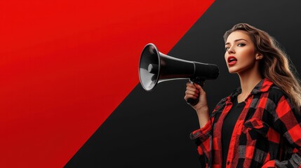 Woman announcing Black Friday offer through megaphone on a red and black background with copy space