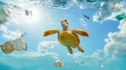 Sea Turtle Swimming Through Ocean Pollution