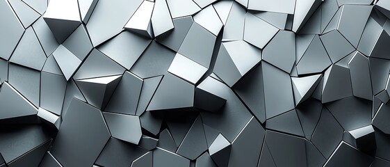 Fragmented, shattered polygonal shapes in various shades of gray, creating a minimalist and abstract techinspired background