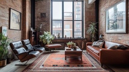 Vintage loft with exposed brick, large industrial windows, and retro furniture. Eclectic design with cozy vibes.