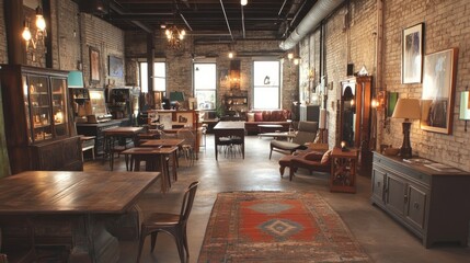 Vintage loft with a mix of retro furniture, exposed brick, and industrial light fixtures. Warm and eclectic atmosphere.