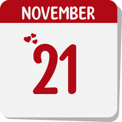 date 21 November calendar icon with red hearts and transparent background