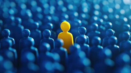 Yellow figure distinct among blue crowd, representing the concept of finding the right person in HR, business strategy, and organizational psychology