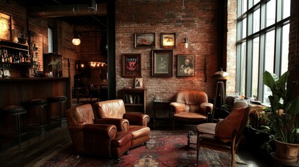 Vintage-inspired hipster loft with brick walls, leather armchairs, and industrial light fixtures. Cozy, artistic ambiance.