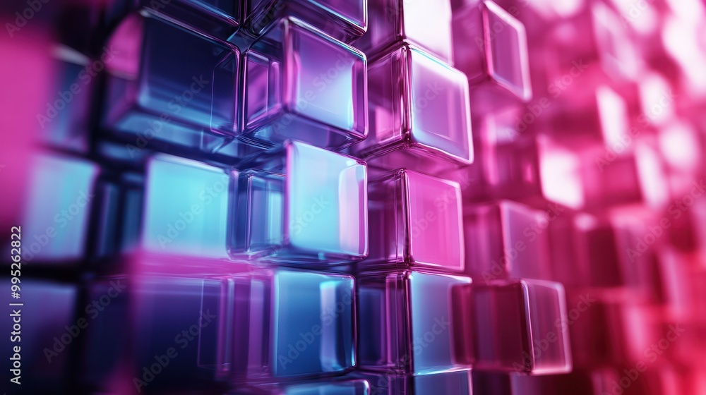 Poster 3d abstract technology background with fractal glass cubes wall structure. web banner and futuristic