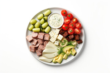 Appetizers boards with assorted cheese, meat, grape, olives and nuts. Charcuterie and cheese platter. Top view on white background
