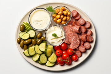 Appetizers boards with assorted cheese, meat, grape, olives and nuts. Charcuterie and cheese platter. Top view on white background