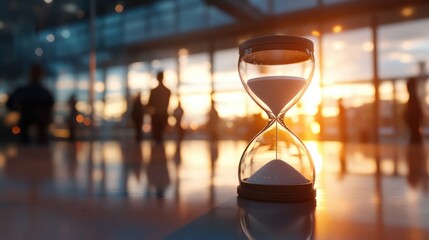 A close-up of an hourglass on the counter in front with a blurred background showing people walking outside at sunset